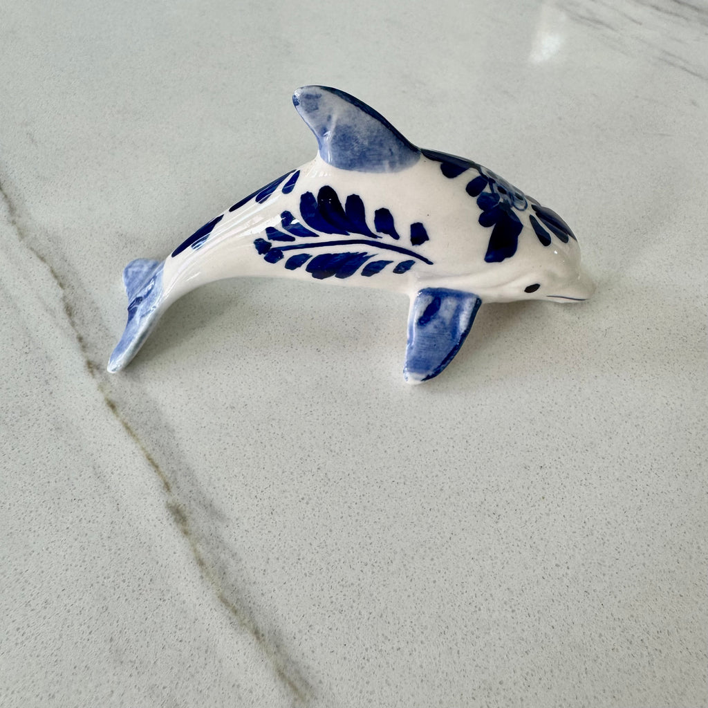 Vintage Hand-Painted Blue and White Ceramic Dolphin Figurine