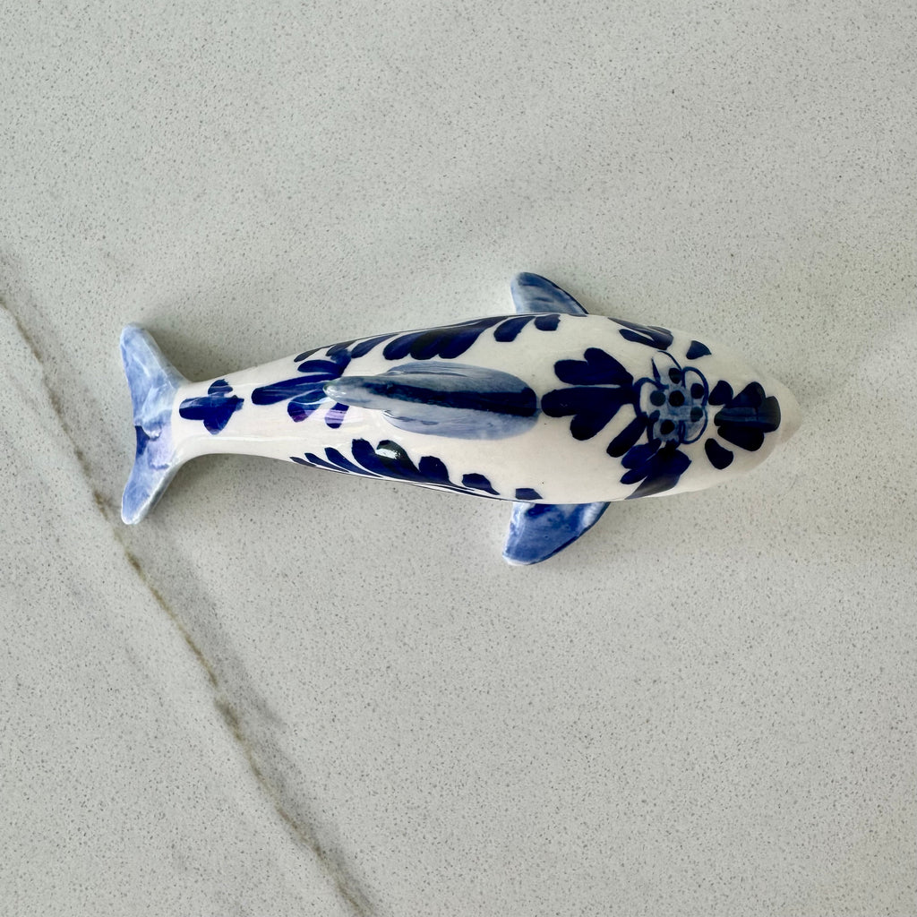 Vintage Hand-Painted Blue and White Ceramic Dolphin Figurine