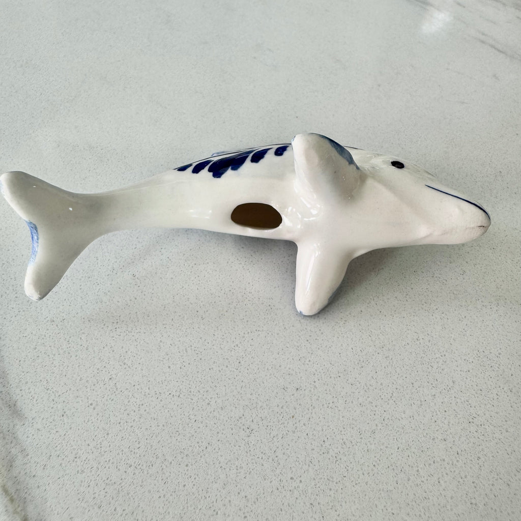 Vintage Hand-Painted Blue and White Ceramic Dolphin Figurine