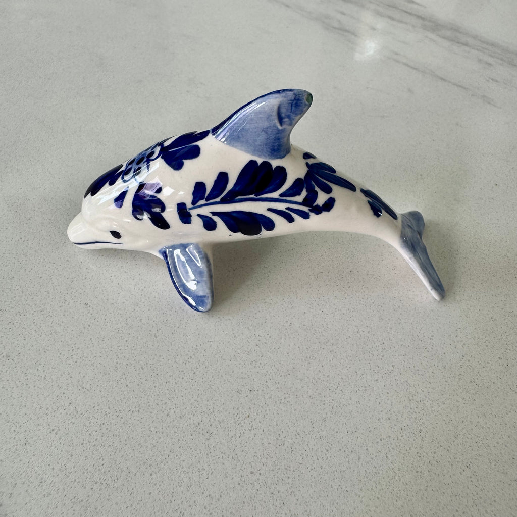 Vintage Hand-Painted Blue and White Ceramic Dolphin Figurine