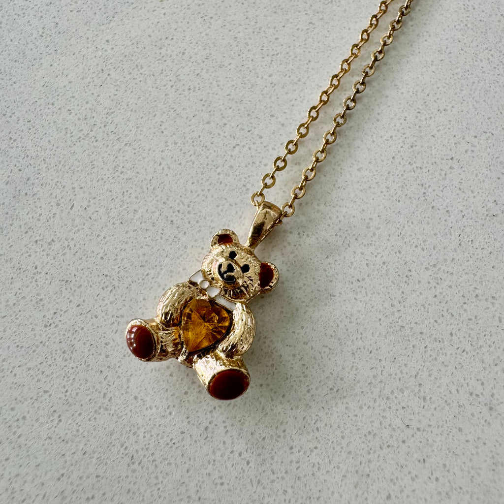 Vintage Gold Tone Teddy Bear Pendant Necklace with Topaz Heart Rhinestone